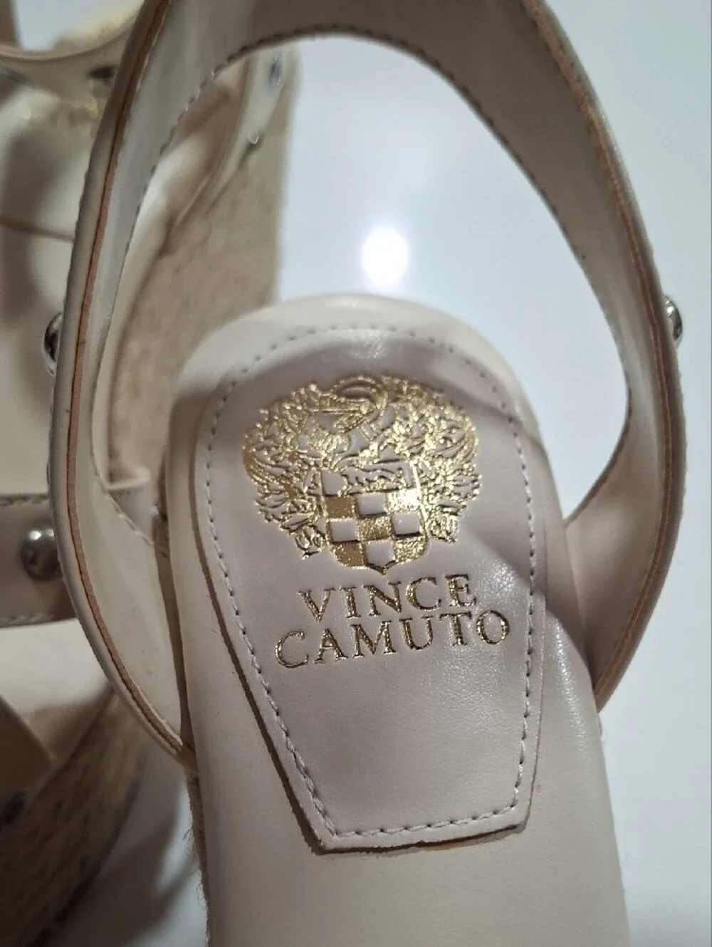 Vince Camuto Cream Studded Ankle-Strap Wedge Sandals